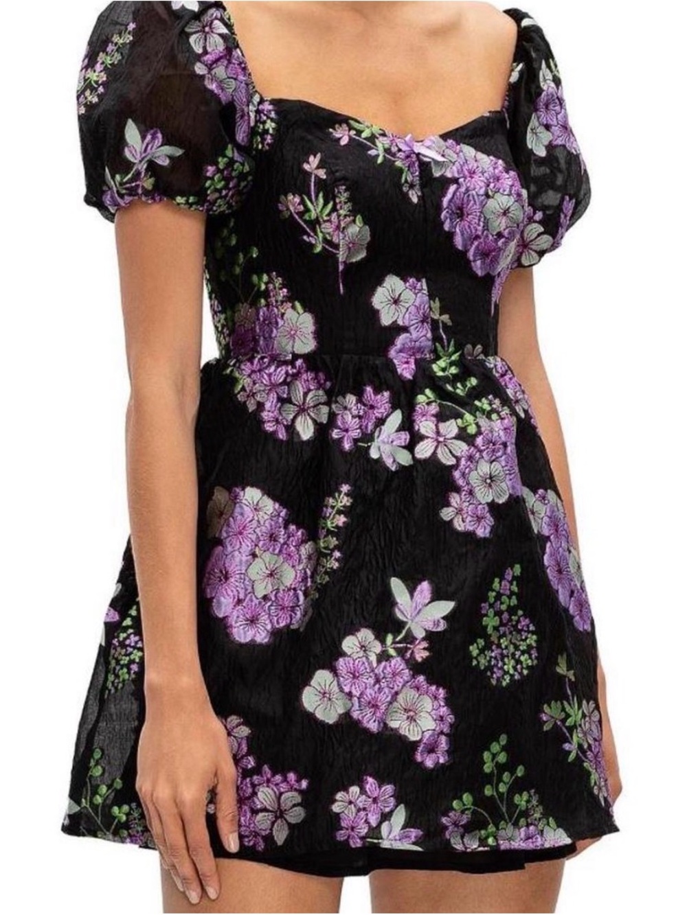 For Love & Lemons Black & Purple Floral Puff-Sleeve Mini Dress